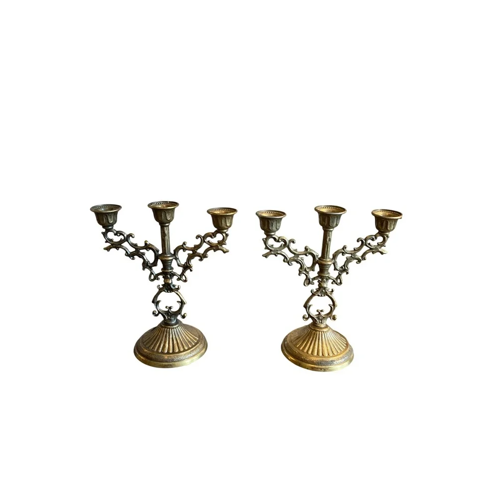 Vintage Brass 3 Arm Candelabra Pair Scroll French Baroque Taper Holders 6in